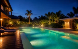 Piscina aquecida e iluminada no início da noite