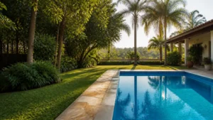 Piscina e área externa de uma chácara bem cuidada