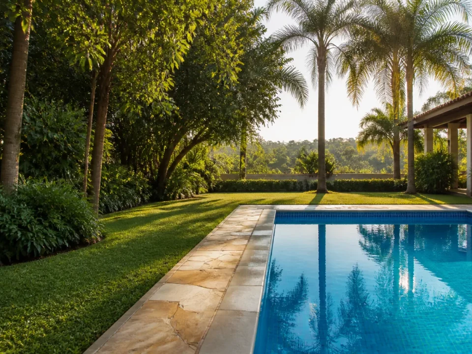 Piscina e área externa de uma chácara bem cuidada