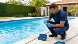 Profissional realizando manutenção de piscina