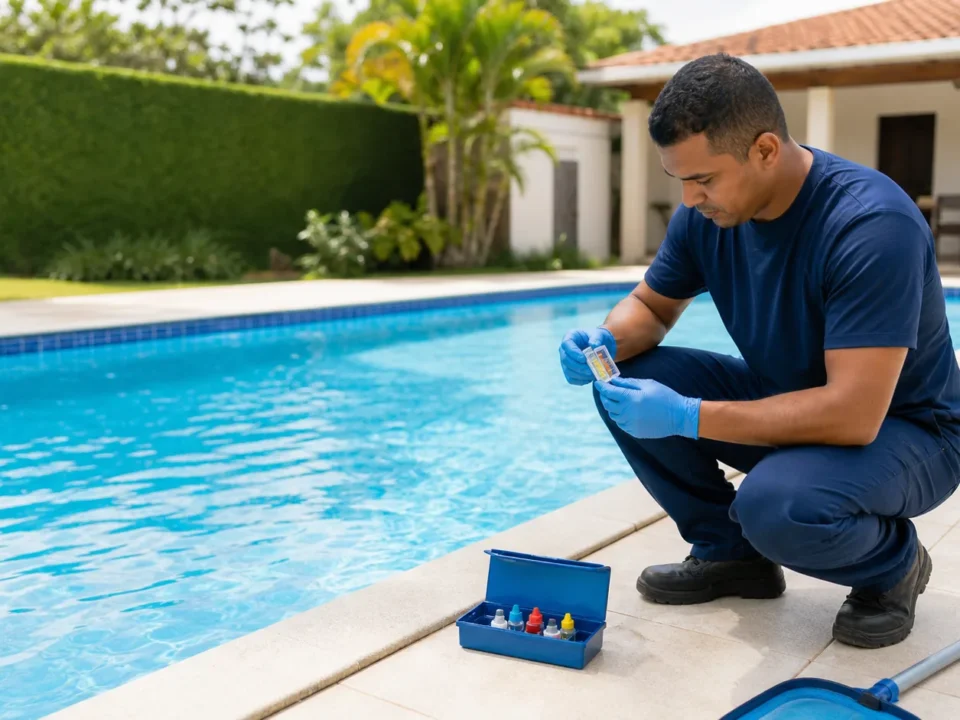Profissional realizando manutenção de piscina