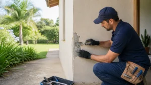 Profissional realizando pequenos reparos de alvenaria