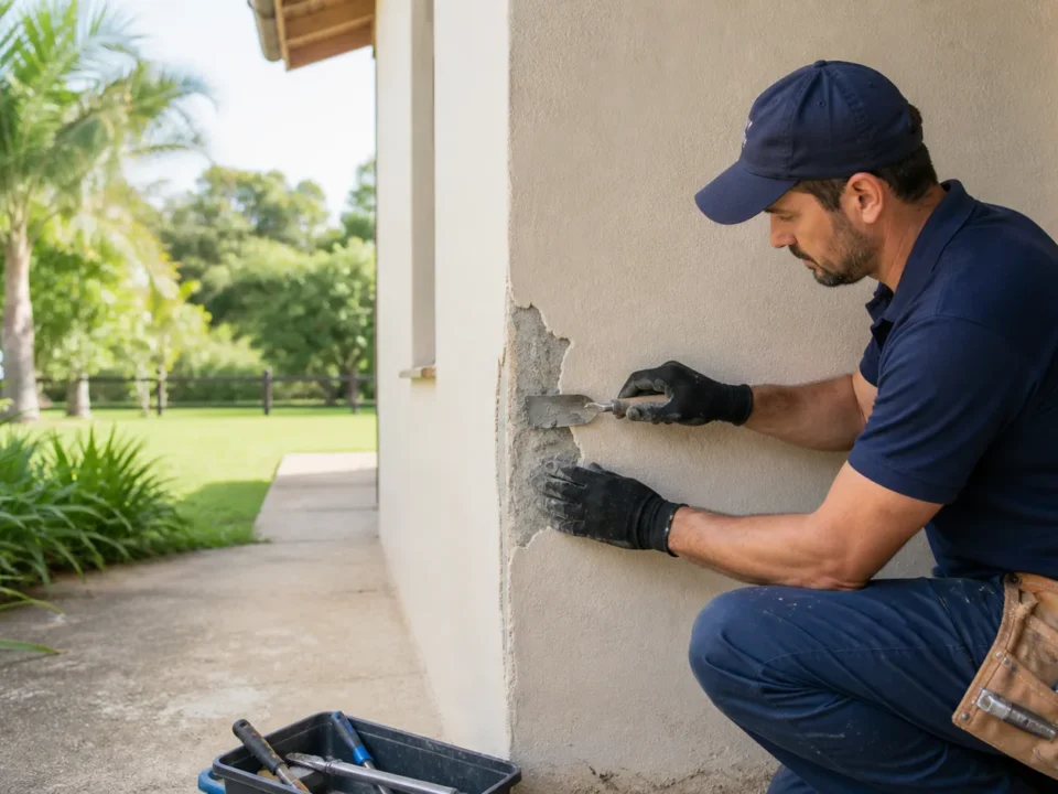 Profissional realizando pequenos reparos de alvenaria