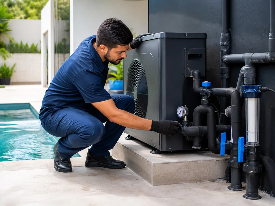 Inspeção profissional do sistema de aquecimento da piscina