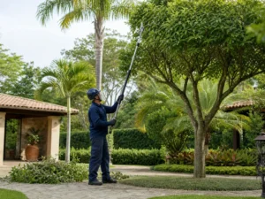 Poda segura de árvores em jardim residencial